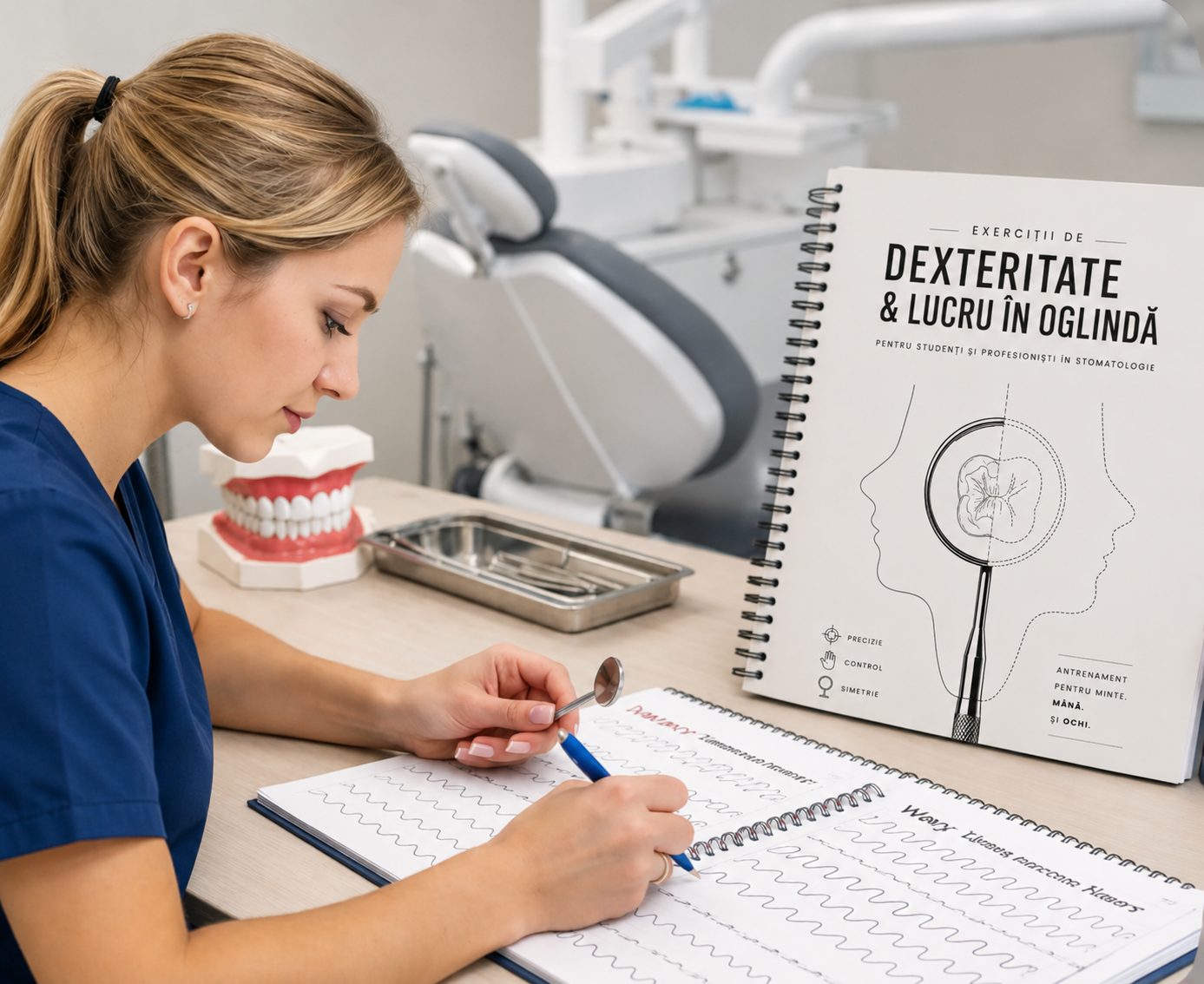 Studentă practicând exerciții de dexteritate dentară